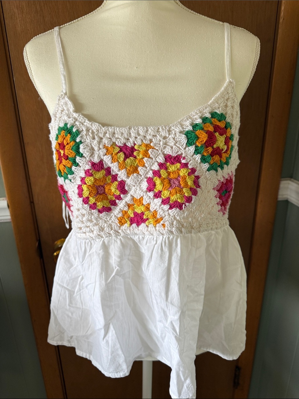 Hand-Crocheted White Tank Top with Pink, Yellow & Green Motifs